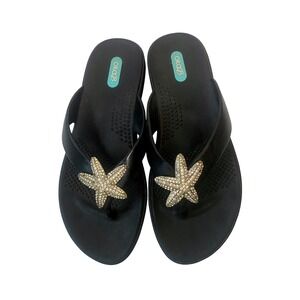 Oka-B Womens Black Starfish Rhinestone Flip Flop Sandals Size M Made in USA